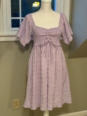 Smocked Square-Neck Midi Dress in Lavender